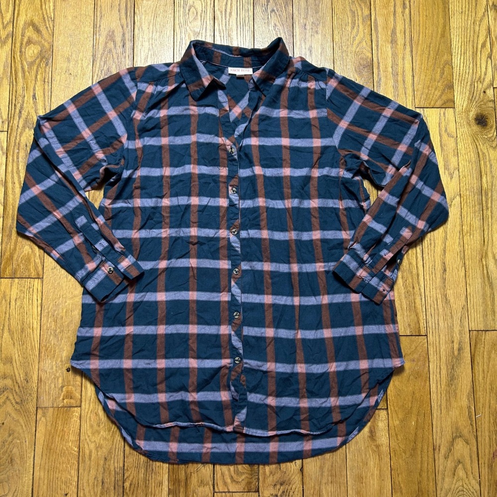 Knox Rose Navy Blue Orange Plaid Button Down Shirt XL Long Sleeve High Low Hem